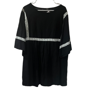 Vonda Cotton Black Tunic Women's Plus Size 2X White Lace Trim Bell Sleeves Boho